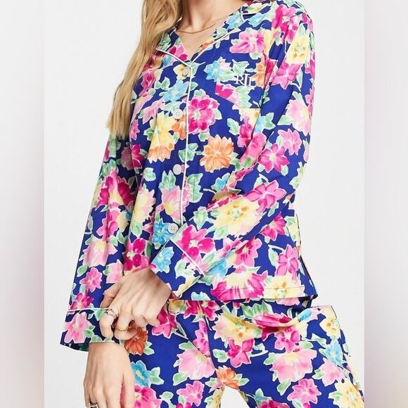 RALPH LAUREN | Navy Floral Pajama Top Embroidered Monogram | Size Medium - Picture 2 of 7